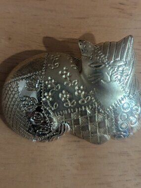 VTG Signed Cat Brooch Pin Patchwork Design Gold Tone Beautiful